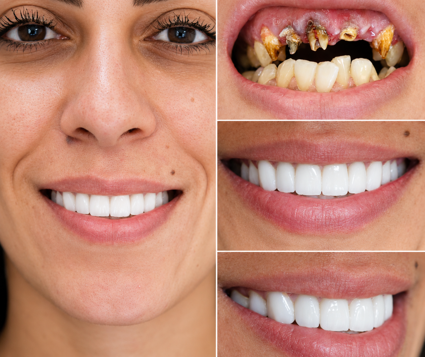 Restauración total de la sonrisa con implantes dentales, coronas y carillas de alta estética.