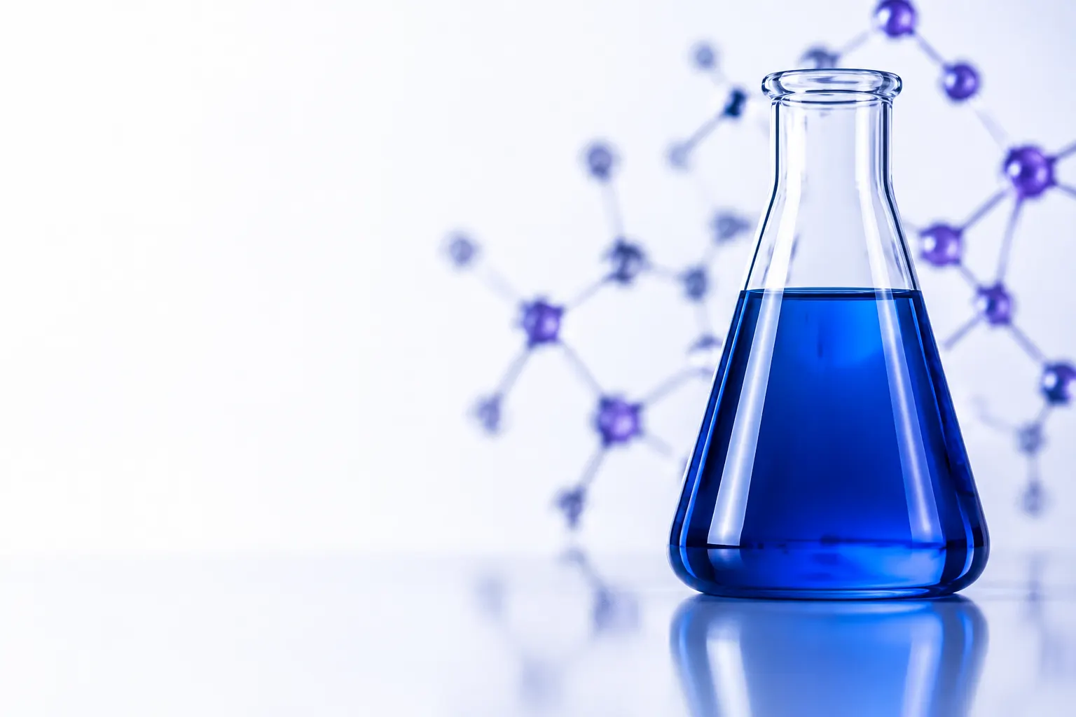 A clear glass laboratory vessel holding vivid blue liquid, with a faint abstract violet molecular motif.