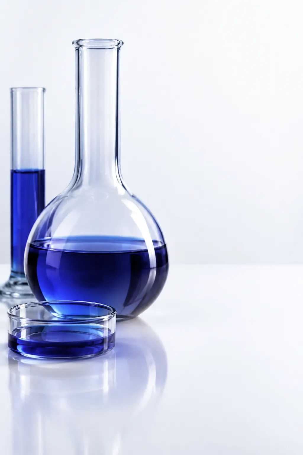 A clear flask and glass dish with a trace of cobalt-blue liquid on a white background.