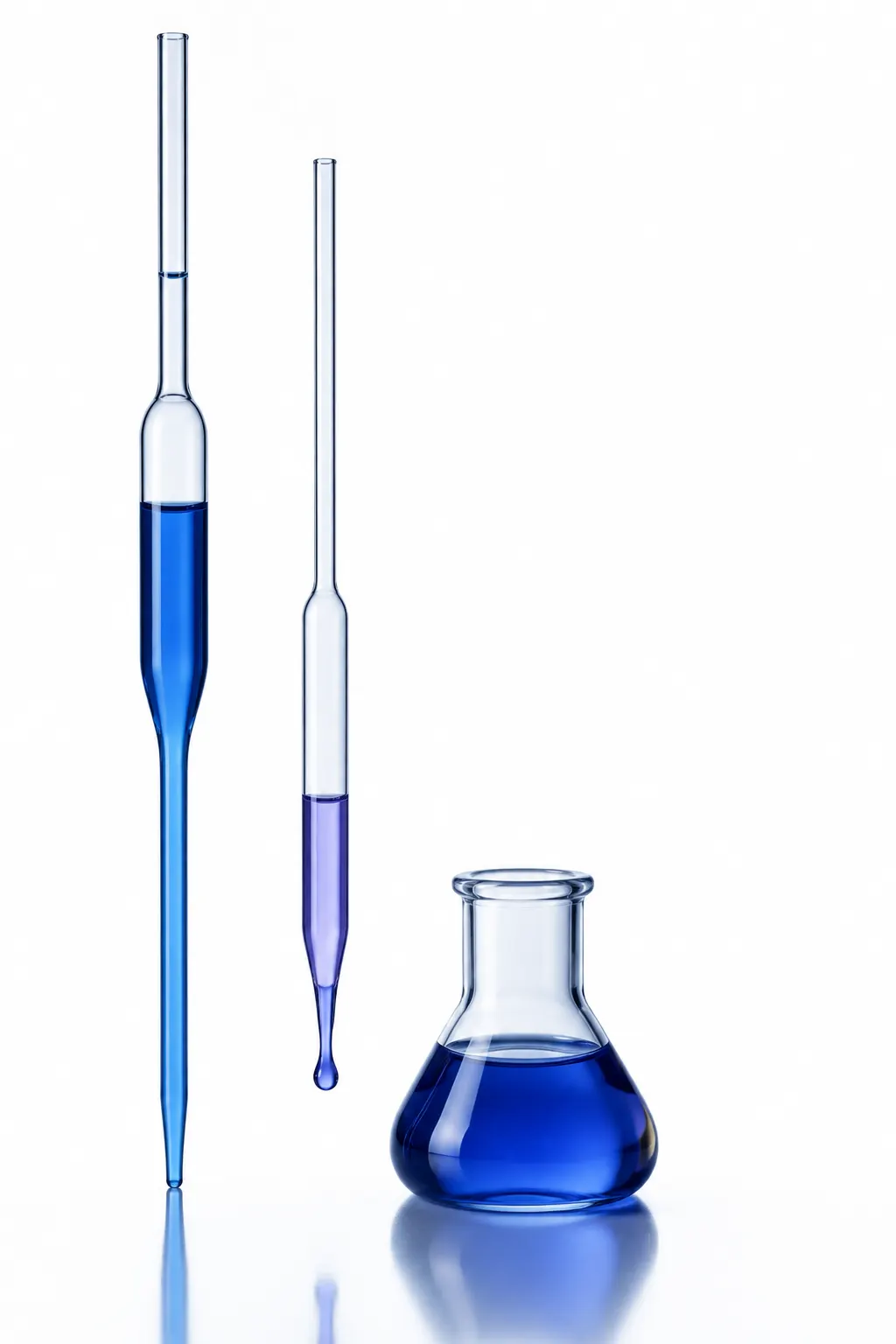 Glass pipettes and a small vessel of blue liquid arranged against white.