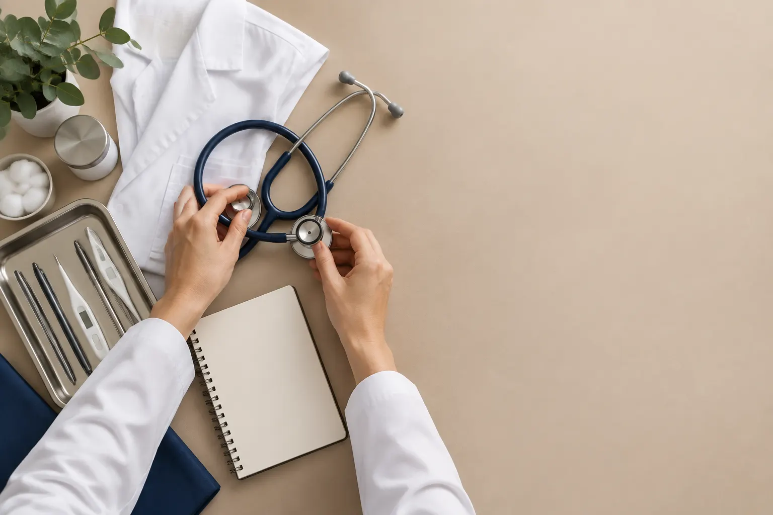 Manos acomodando un estetoscopio, una libreta clínica y accesorios médicos junto a una bata blanca.
