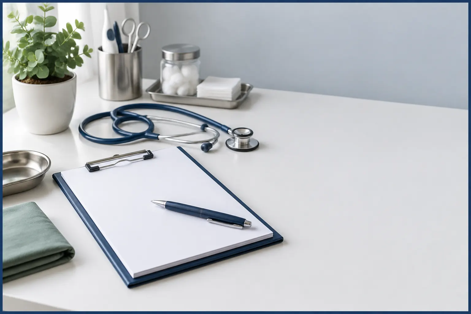 Estación clínica ordenada con libreta, estetoscopio y accesorios médicos sobre un escritorio blanco.