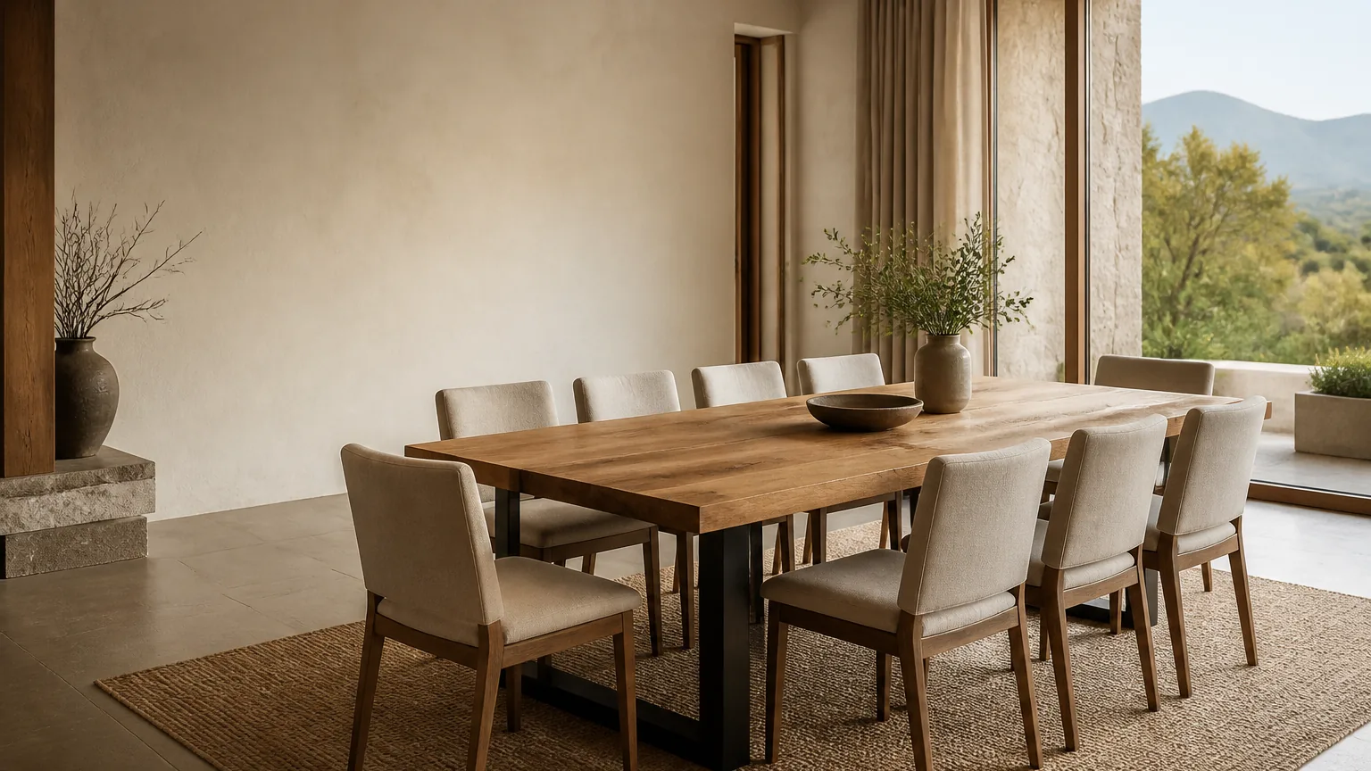 Mesa de comedor a medida con cubierta de madera y estructura metálica