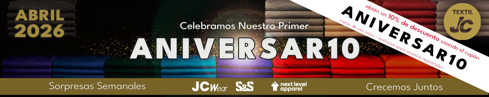 Campaña aniversario Textil JC abril 2026 con beneficios semanales en prendas básicas y ropa corporativa