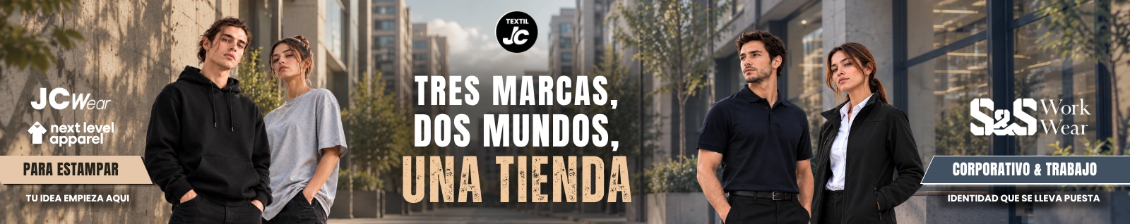 Textil JC: ropa para estampar, corporativa y de trabajo con JCWear, Next Level Apparel y S&S Work Wear.