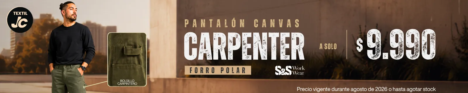Pantalón Canvas Carpenter con forro polar color verde oliva, disponible en Textil JC