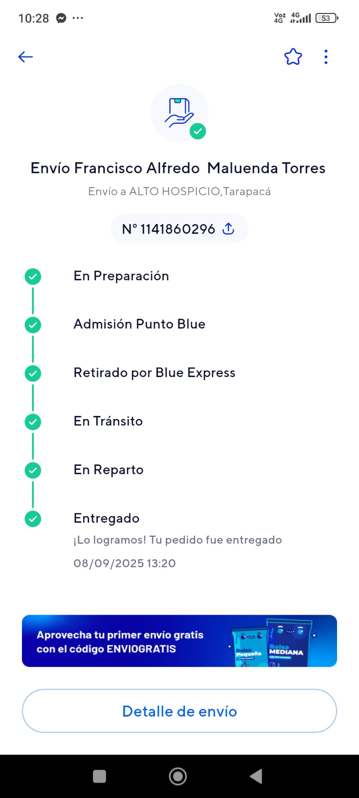 Comprobante de envío Blue Express a Alto Hospicio — AcusticWall — entrega real de espumas acústicas
