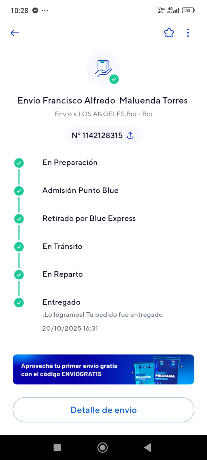 Comprobante de envío Blue Express a Los Ángeles — AcusticWall — entrega real con seguimiento