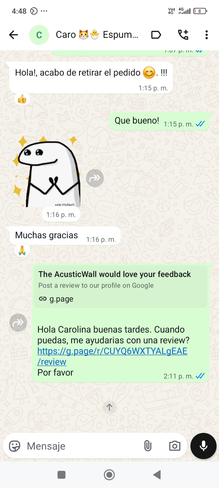 Cliente Carolina confirmando retiro exitoso de su pedido de espumas acústicas AcusticWall y agradeciendo la entrega.