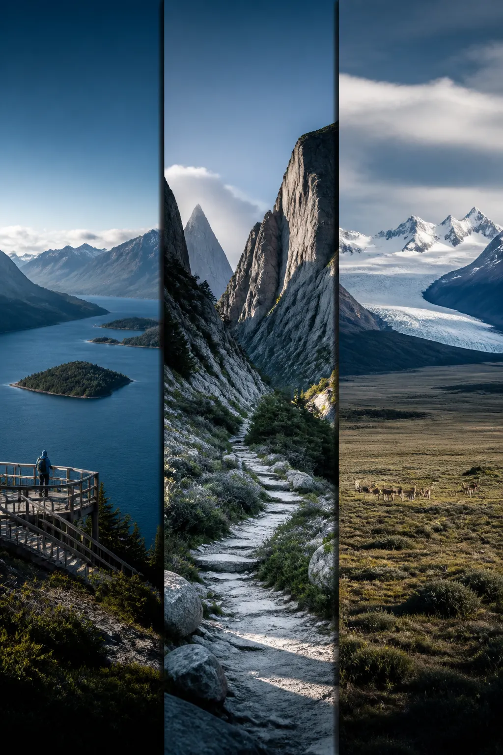 Sendero estrecho entre rocas y lagos patagónicos, con una excursionista pequeña avanzando bajo nubes y viento.