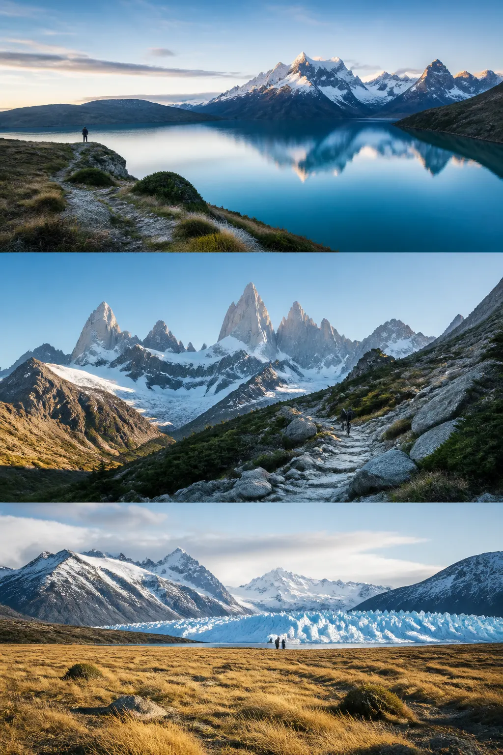 Glaciar, estepa y montañas de Torres del Paine vistos desde un sendero, con pequeñas personas caminando a distancia.