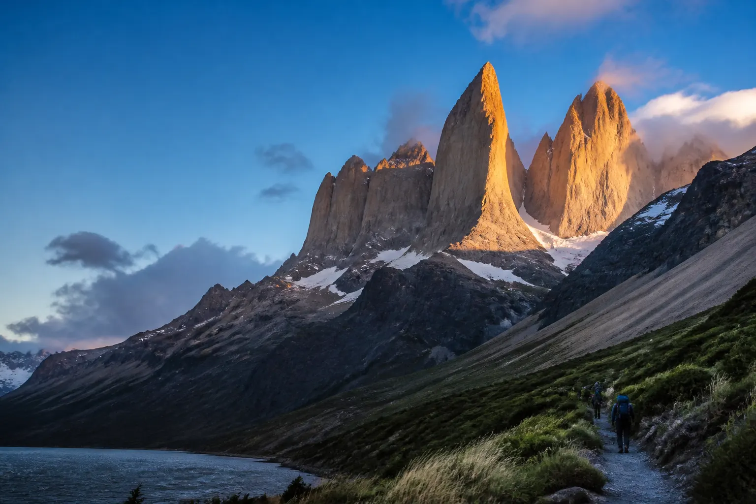 Vista panorámica de las Torres del Paine iluminadas por la luz fría del amanecer, con pequeñas figuras recorriendo un sendero.