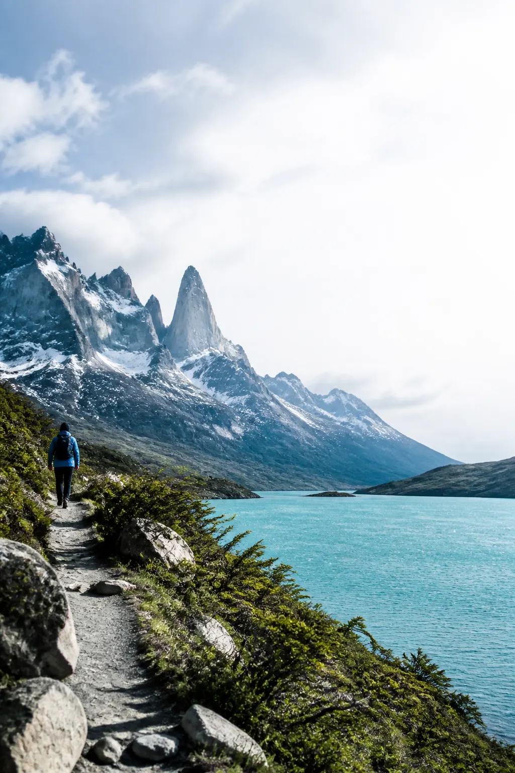 Sendero patagónico junto a un lago turquesa, con una persona pequeña caminando hacia un mirador entre montañas.