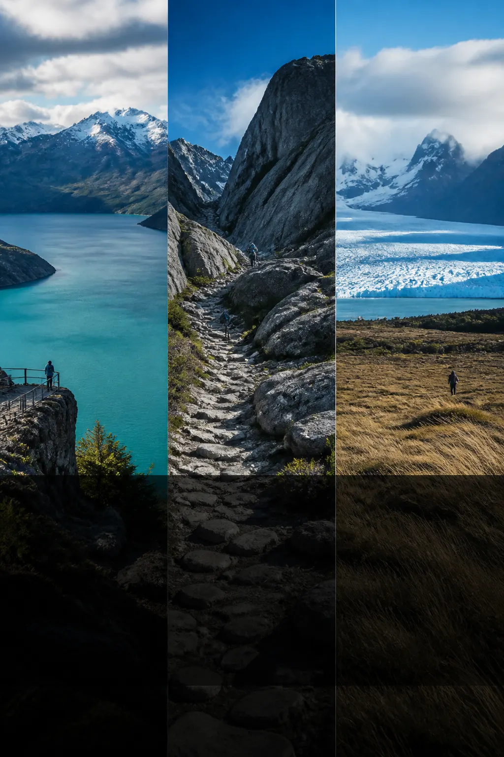Mirador sobre un lago turquesa, con montañas, sendero de montaña y estepa patagónica organizados en tres paneles visuales.