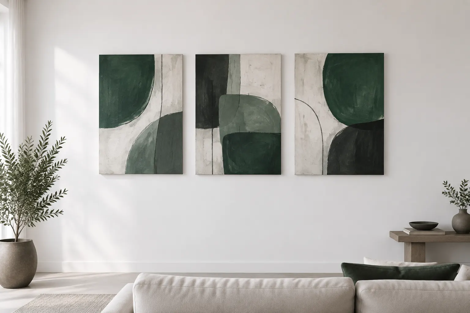 Tres cuadros abstractos coordinados forman una composición sobre la pared de una sala clara.