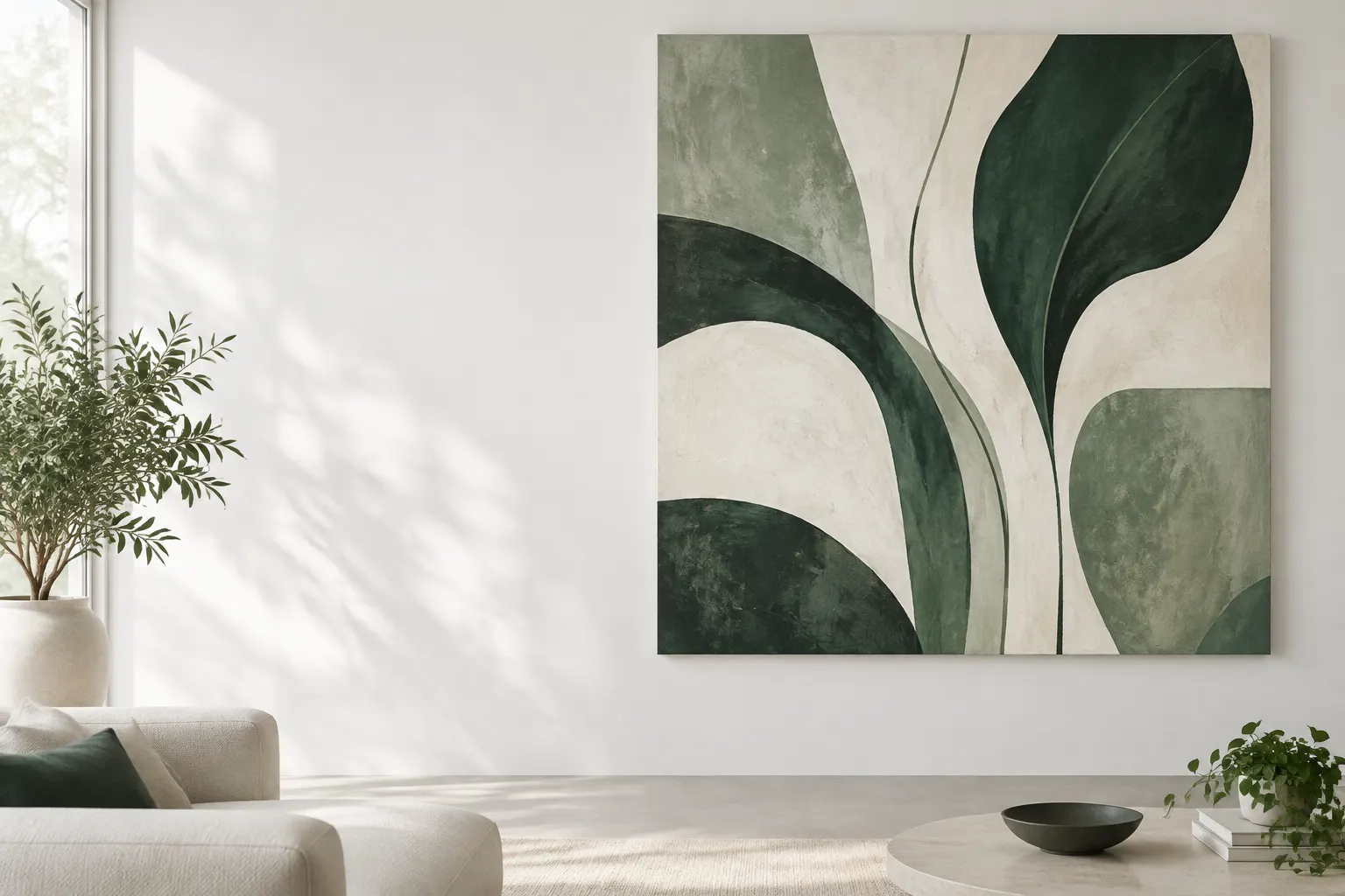 Cuadro abstracto de tonos verdes sobre una pared blanca en una sala luminosa.
