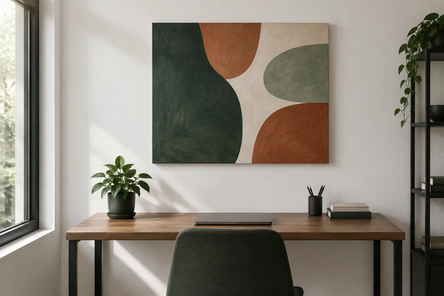 Un cuadro abstracto sobre un escritorio sencillo junto a una planta en una habitación luminosa.