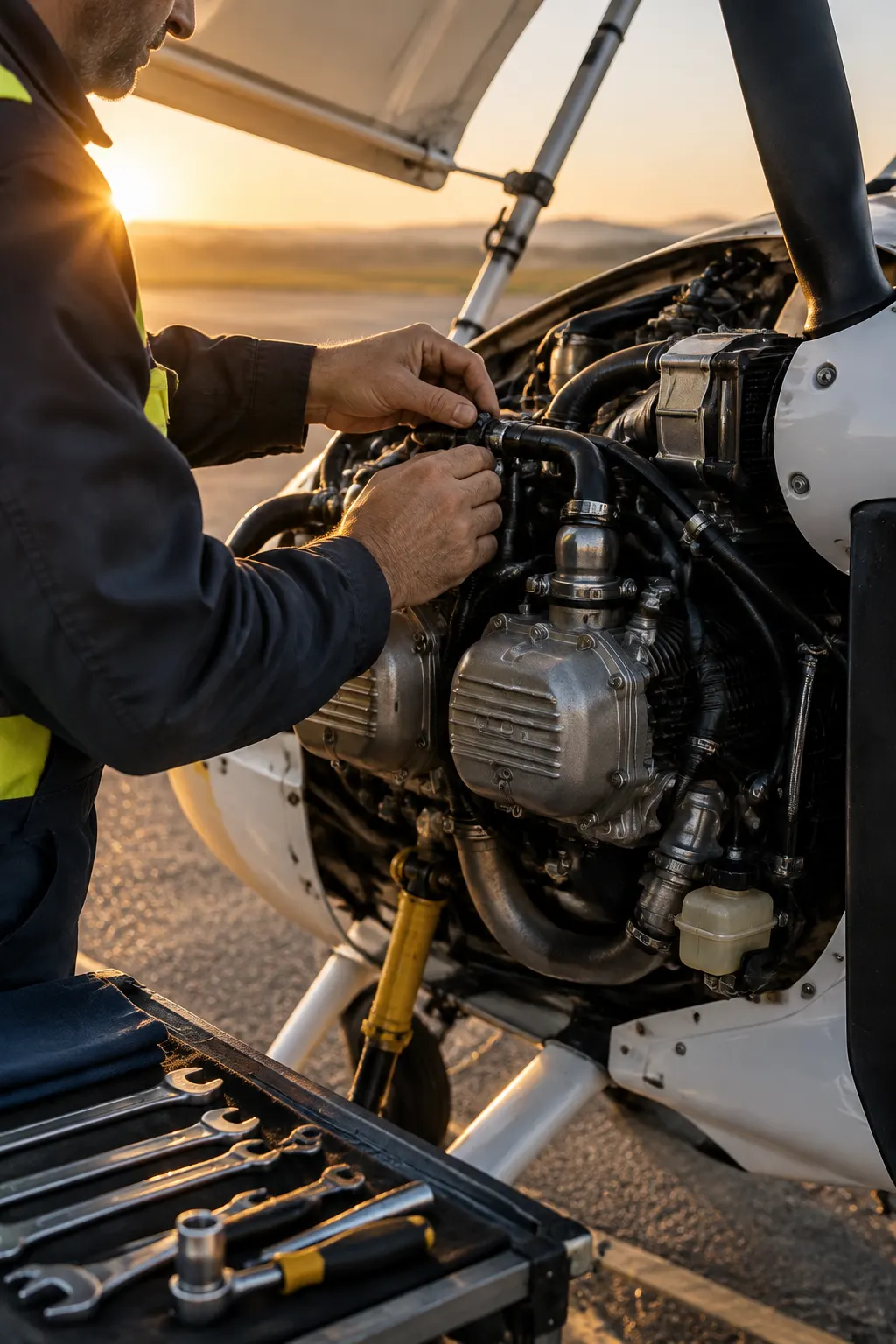Técnico inspeccionando componentes del motor Rotax de un ultraliviano.