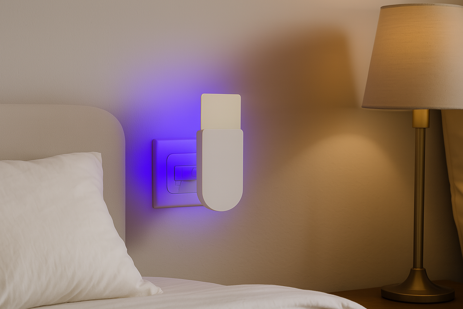Trampa eléctrica UV encendida en dormitorio chileno durante la noche, ideal para eliminar zancudos sin químicos