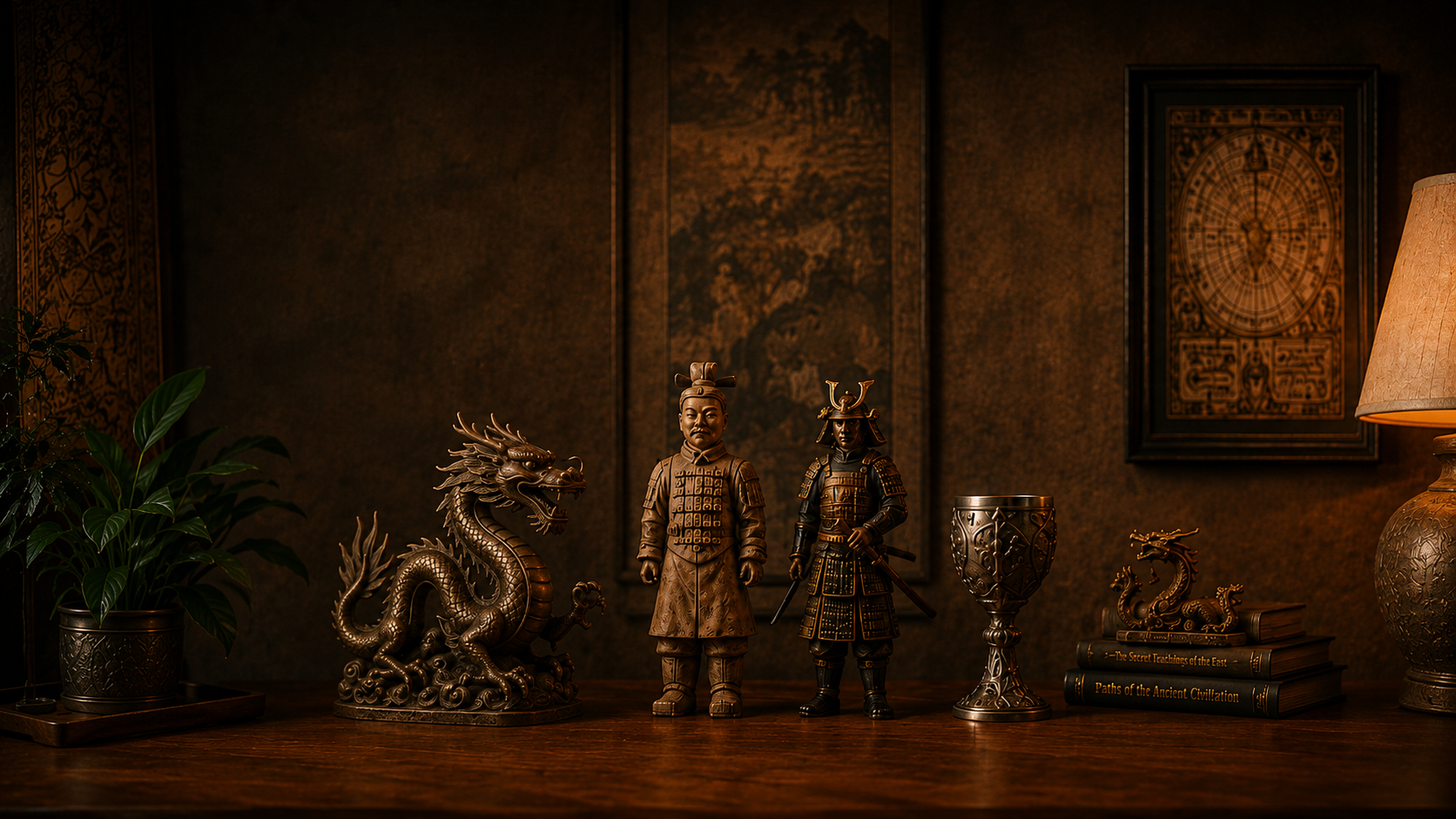 Figuras decorativas de historia y fantasía con dragón, soldado de terracota, samurái y copa medieval de Upsala.