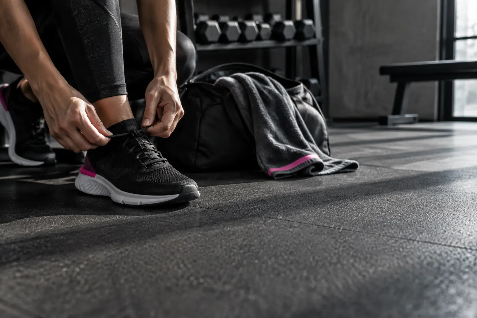 Manos atando cordones junto a una bolsa de entrenamiento y una toalla.
