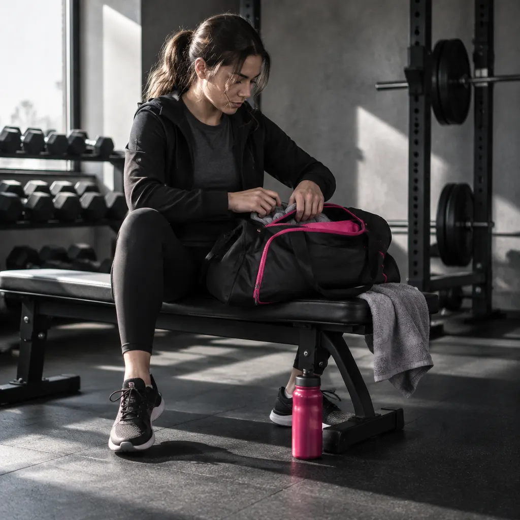 Persona sentada en un banco de gimnasio revisando su bolso de entrenamiento.