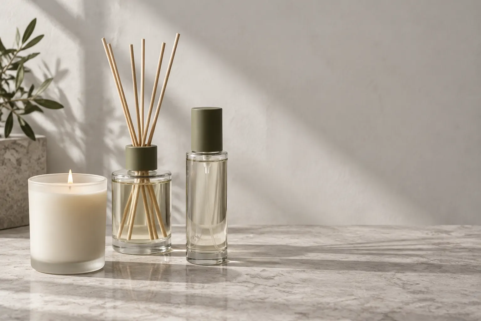 A candle, reed diffuser and spray bottle grouped together on a pale stone surface.