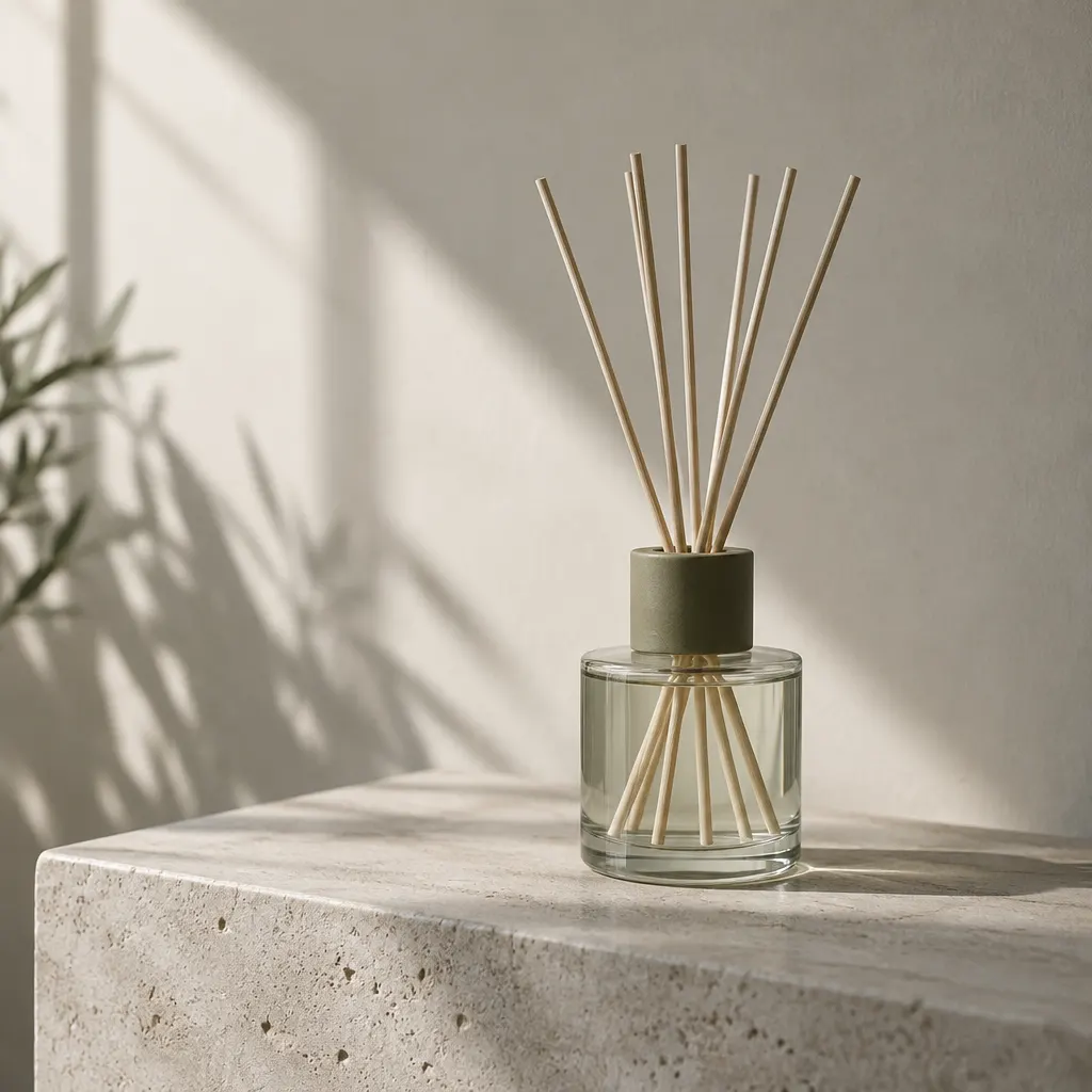 A plain glass reed diffuser with several slender reeds on a pale stone ledge.