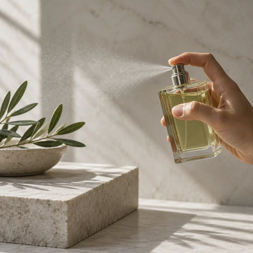 A hand sprays a fine mist from a plain fragrance bottle against a pale stone background.