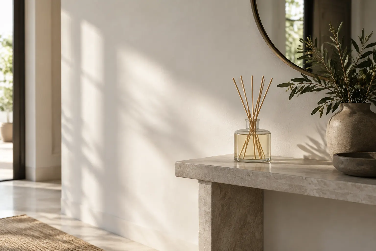 A reed diffuser sits on a stone console in a calm, sunlit home entryway.
