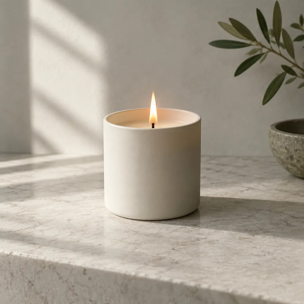 A lit candle in a plain vessel on a pale stone surface.