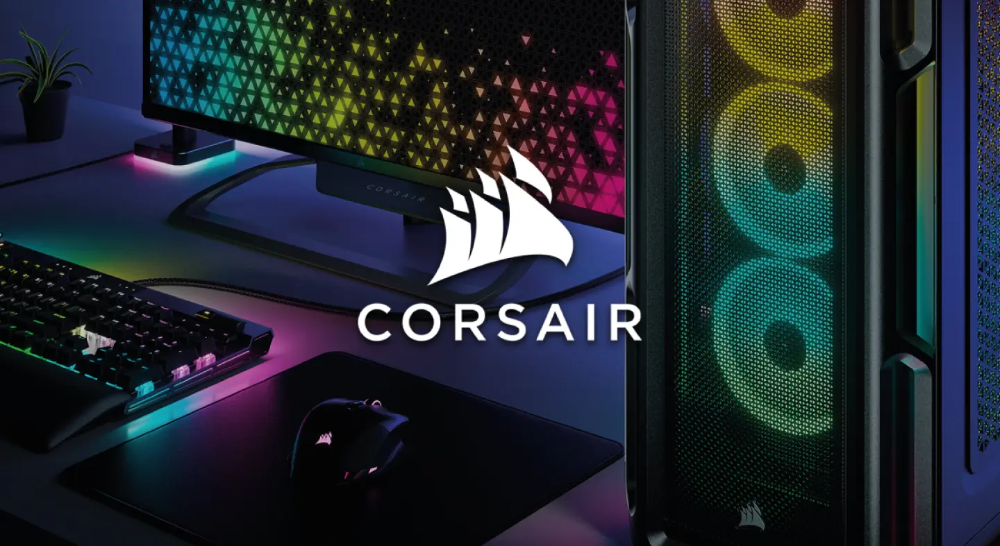 Setup gamer Corsair con teclado, mouse, monitor y PC RGB de alto rendimiento