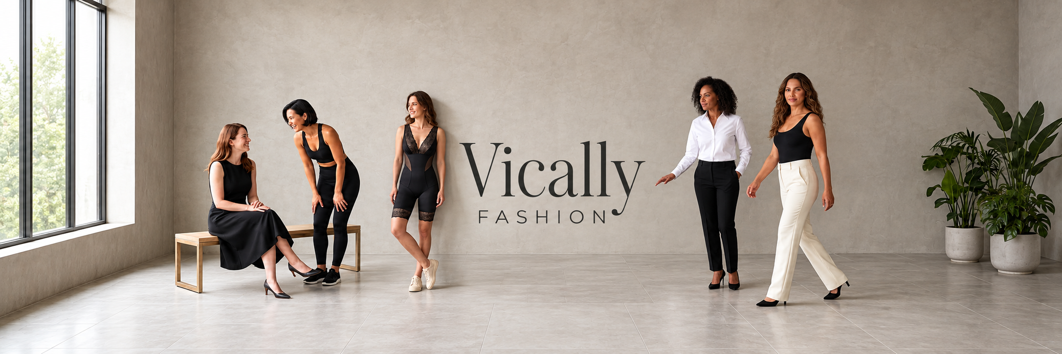 Cinco mujeres junto al nombre Vically Fashion