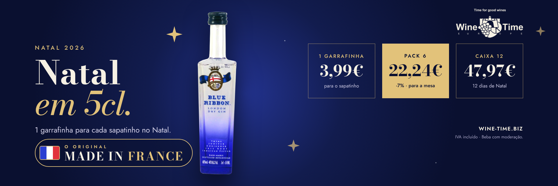 Natal em 5cl - Gin Blue Ribbon Miniatura, o original Made in France