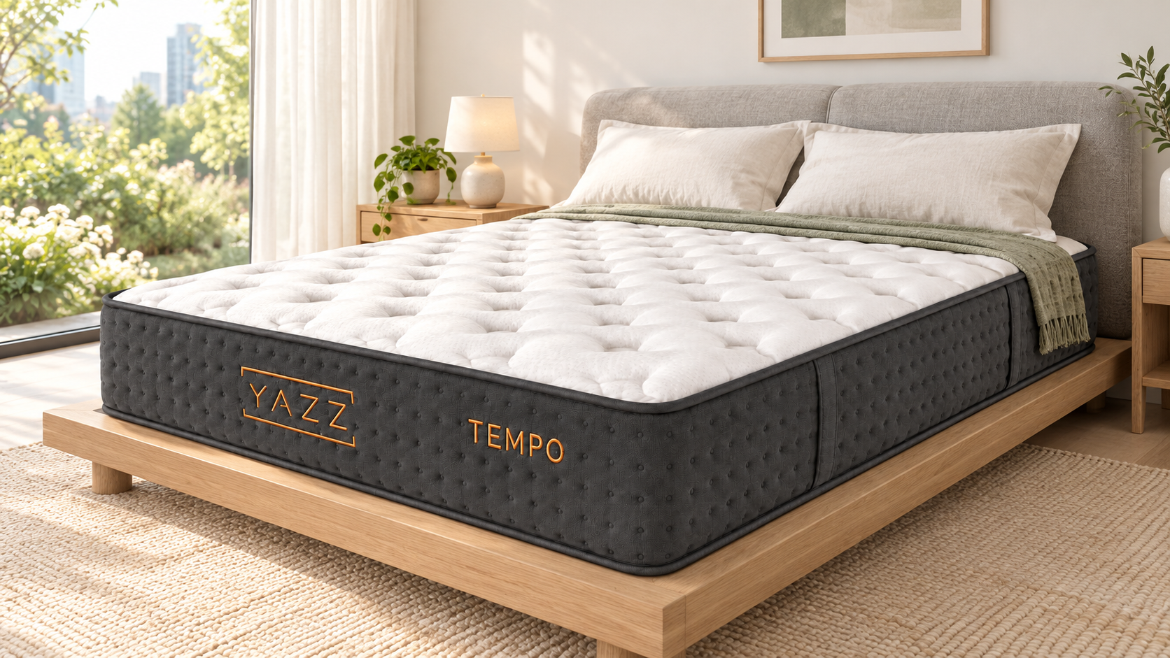 Colchón YAZZ TEMPO en vista diagonal en dormitorio luminoso