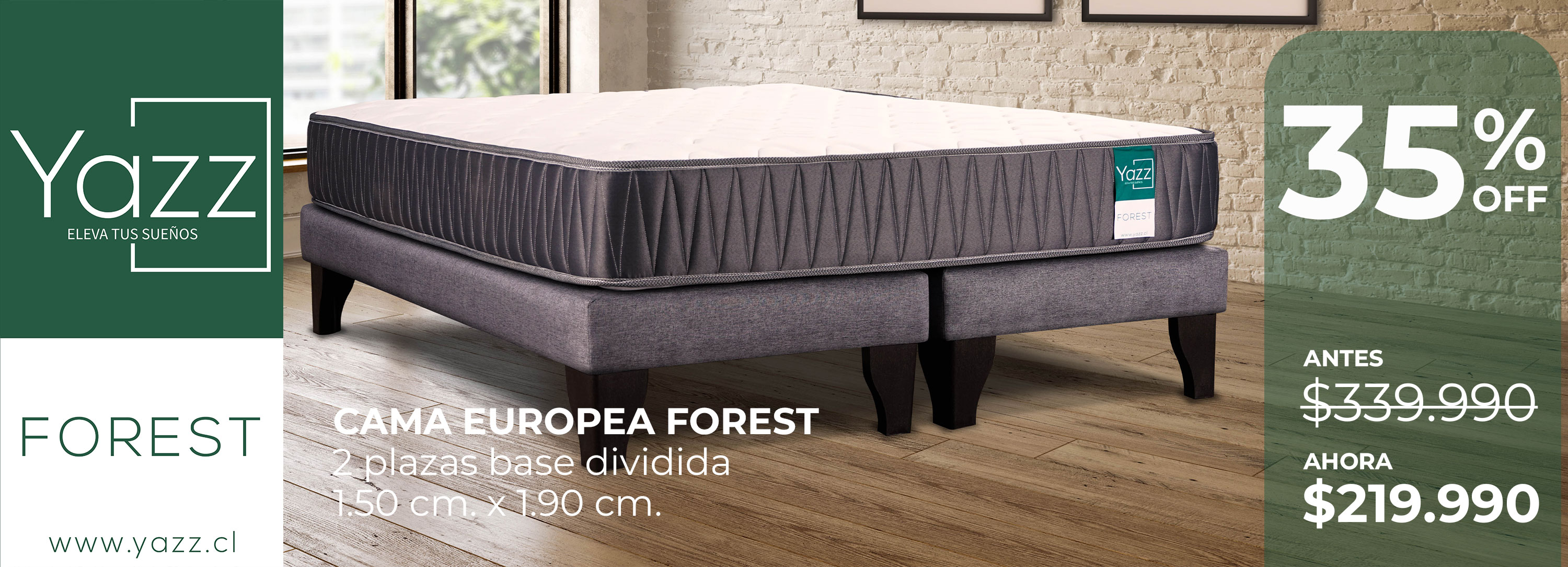 Cama de 2 plazas Forest en habitación luminosa con piso de madera