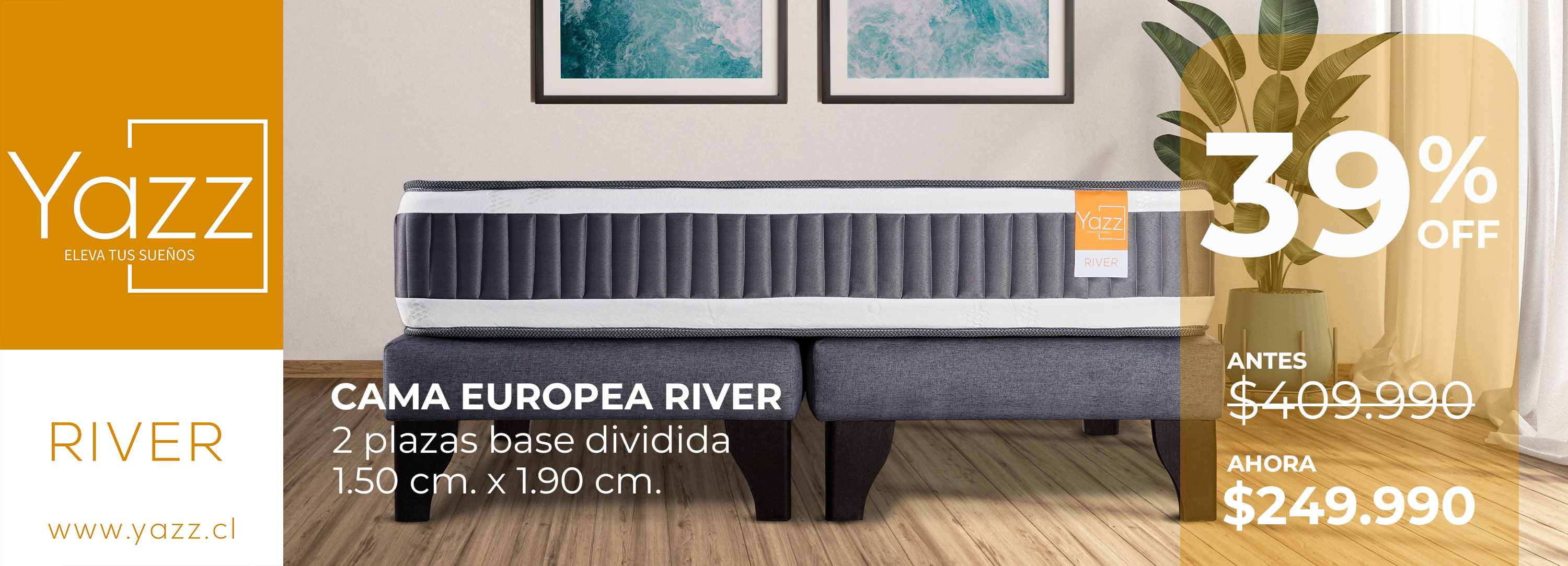 Cama de 2 plazas River en habitacion con plantas y piso de madera, con cuadros de un rio