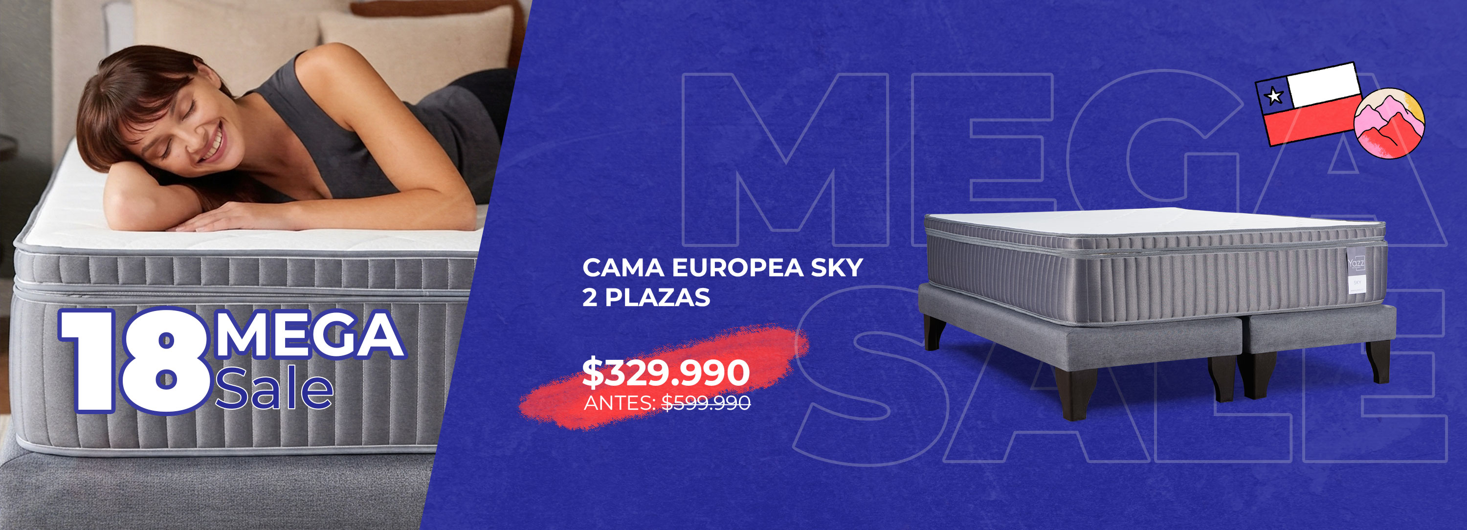 Cama de 2 plazas Sky en habitacion blanca con cuadro del cielo en la pared