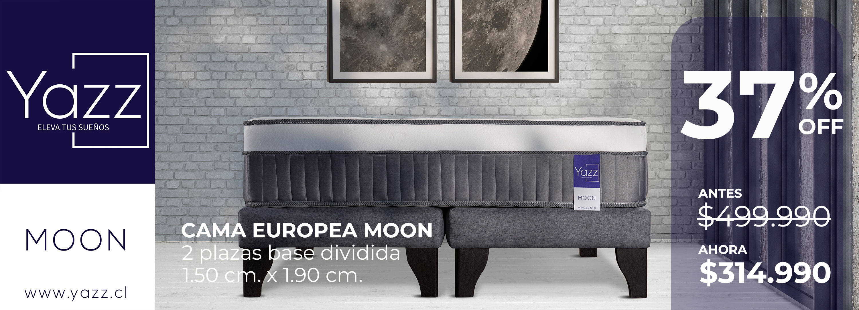 Cama de 2 plazas Sky en habitacion blanca con cuadro del cielo en la pared