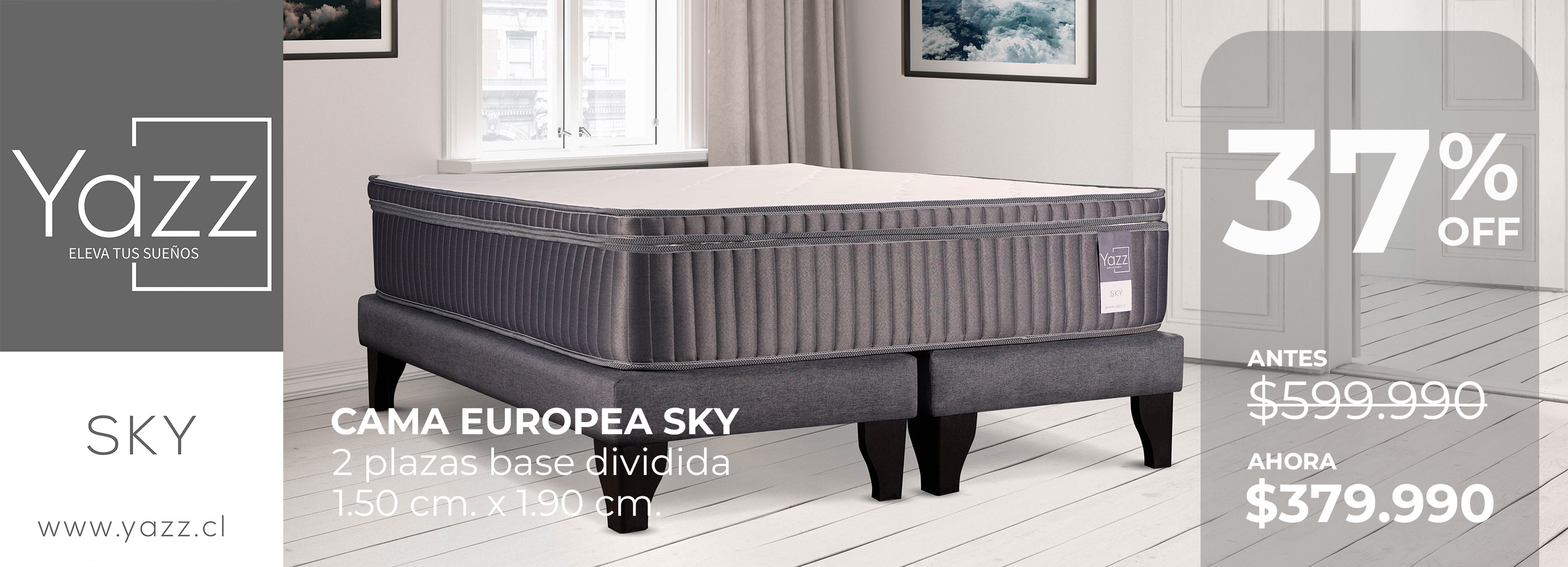 Cama de 2 plazas Sky en habitacion blanca con cuadro del cielo en la pared