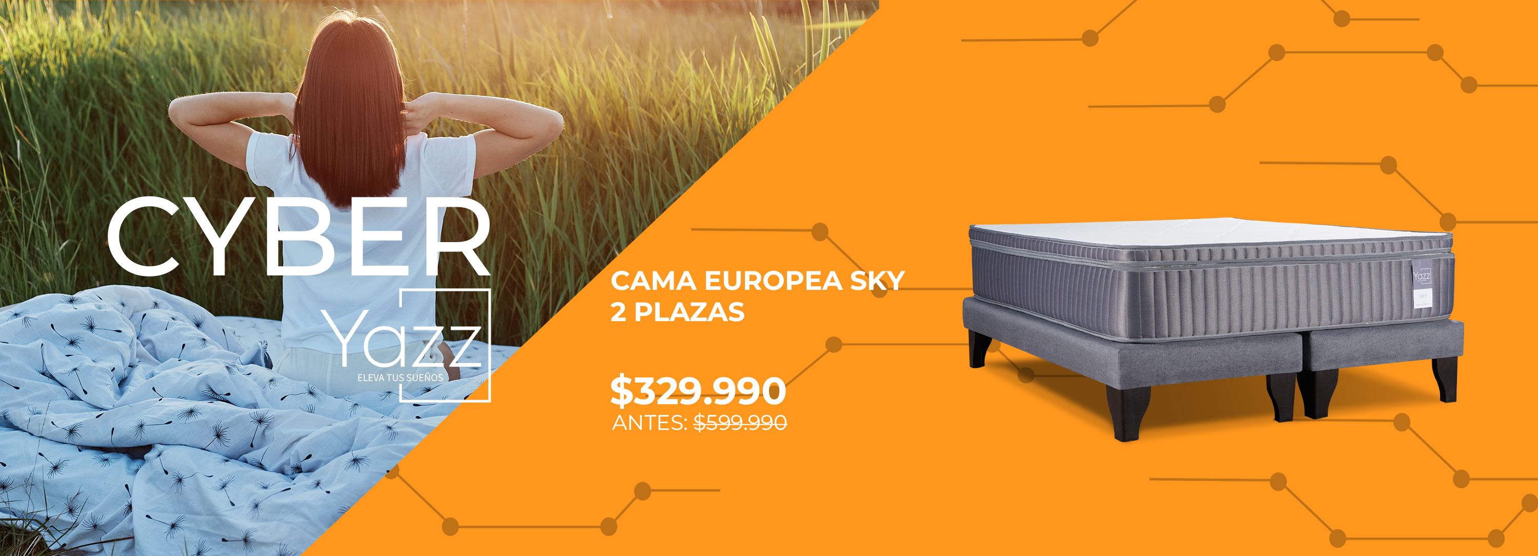 Cama de 2 plazas Sky en habitacion blanca con cuadro del cielo en la pared