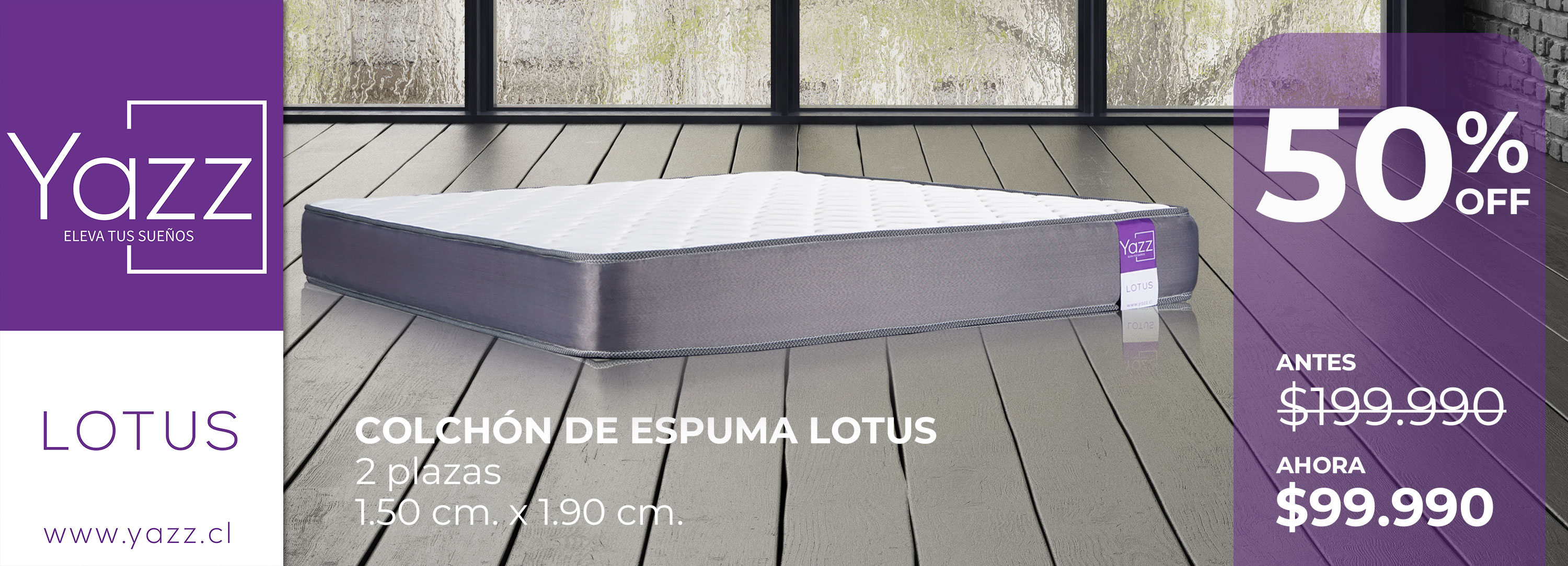 Colchón de 2 plazas Lotus sobre el piso de madera con gran ventana de fondo